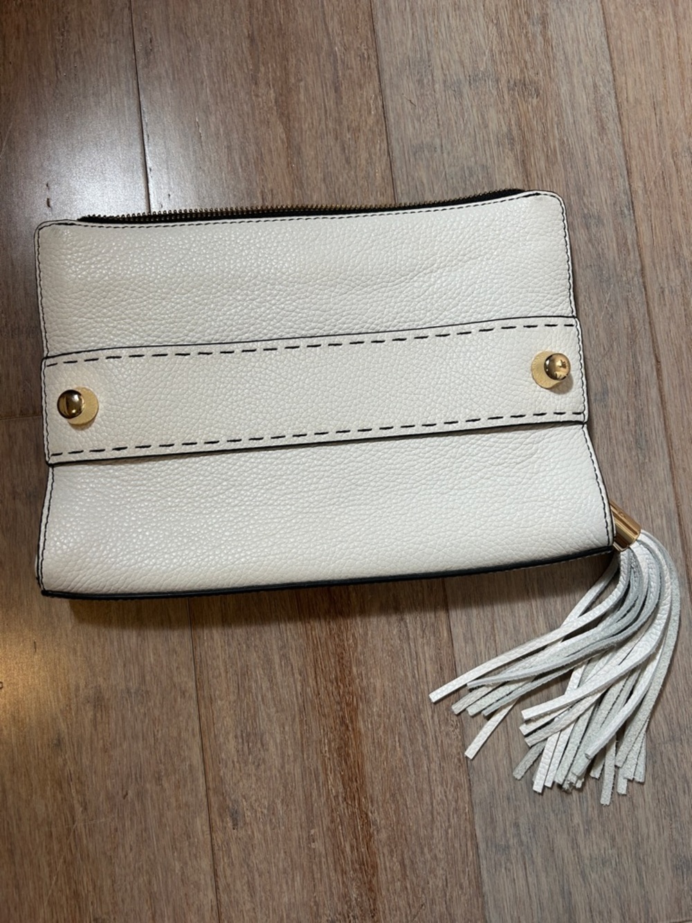Milly Leather Portfolio Women's White Leather Tassel Wristlet Clutch